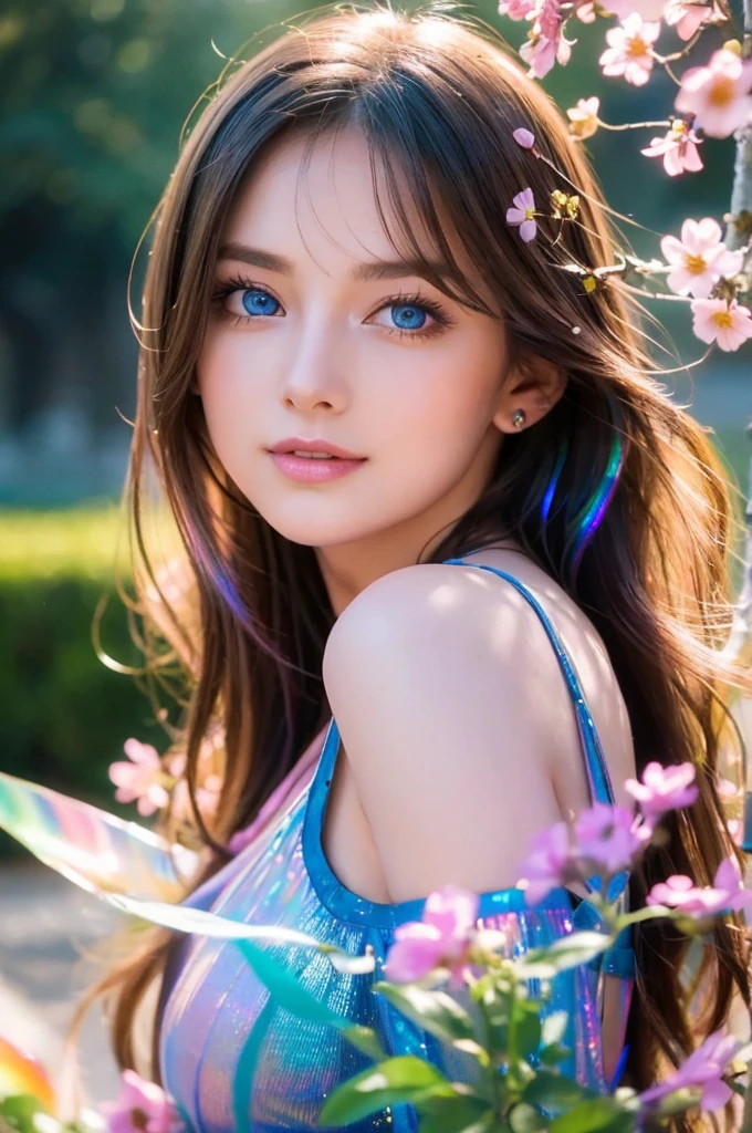 A sultry 27-year-old woman with piercing blue eyes and luscious locks gazes directly into the camera lens, her full lips slightly upturned in a mischievous grin. Close-up portrait of a young woman with vibrant, blowing hair and mesmerizing eyes, posing in mid-flight amidst a serene garden filled with blooming flowers under soft, cinematic lighting, capturing charming, cute, and beautiful expression shining like a sunset amidst a rainbowish aura ((holographic)). Her flowing dress made of ultra-detailed petals appears to dance across her figure as she takes flight, set against a lush backdrop of colorful blooms.