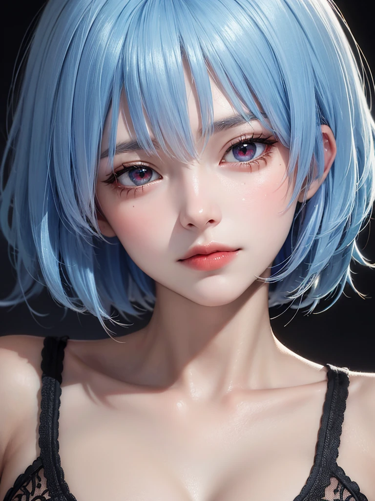 Masterpiece, Best Quality, 8K, Detailed Skin Texture, Detailed Cloth Texture, Beautiful Detail Face, Intricate Detail, Ultra Detailed, Portrait of Rei Ayanami, Blue Hair, Red Eyes, Head Tilt, No Background