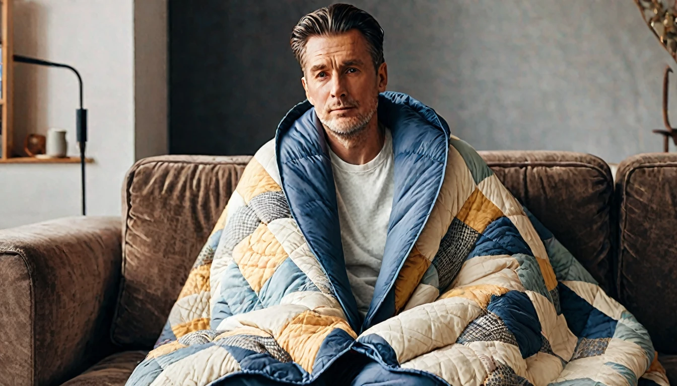 A man sitting on the sofa in the living room,Wear a big cotton jacket,Wrapped in a quilt,Shivering