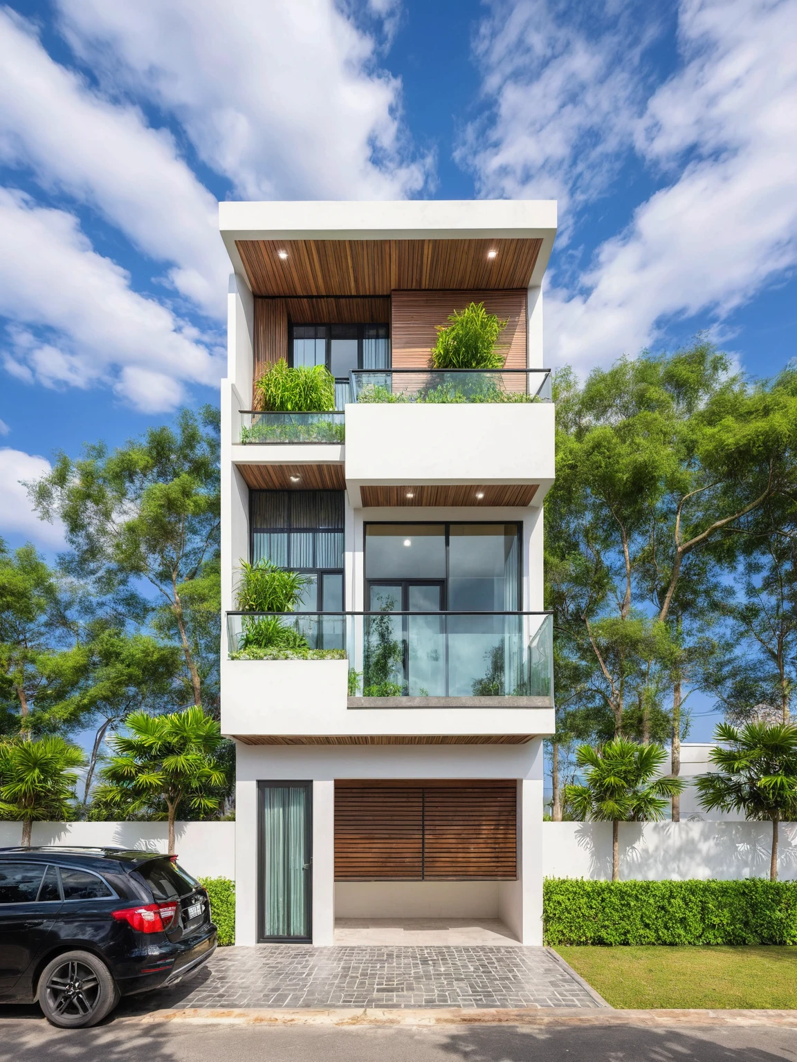 masterpiece, High Quality, best quality, true, super detailed, out side, one-story villa, yay, yaygroup, stone walling, phong cách ngôi nhà hiện đại trên sugar phố, cầu thang, white wall, sugar, pavement, grass, plant, firmament, cloud, (daylight :1.1)
