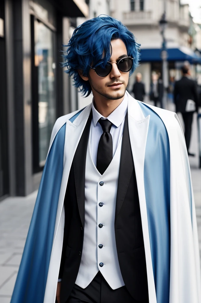 Create a blue-haired man, White skin, wearing round sunglasses and dressed in a black suit and worn cape 