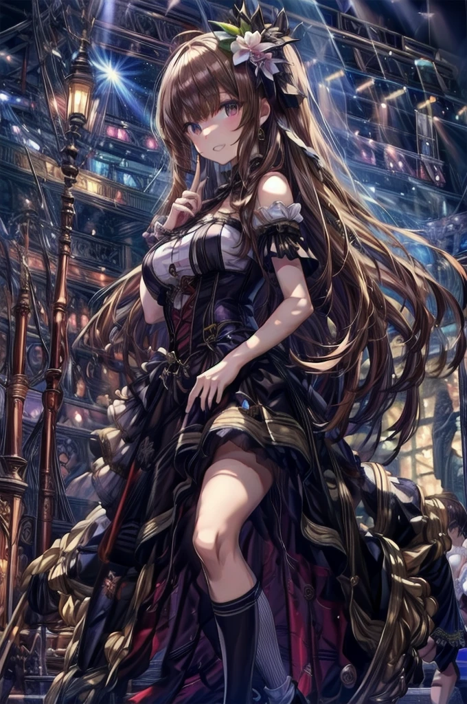 Highest quality、Complete limbs、Full Finger、Slender beauty、Straight hair、Brown Hair、Deresute、green, White and purple idol costume、Knee-high socks、Beautiful big 、Live Stage、sing、Dancing、Big smile