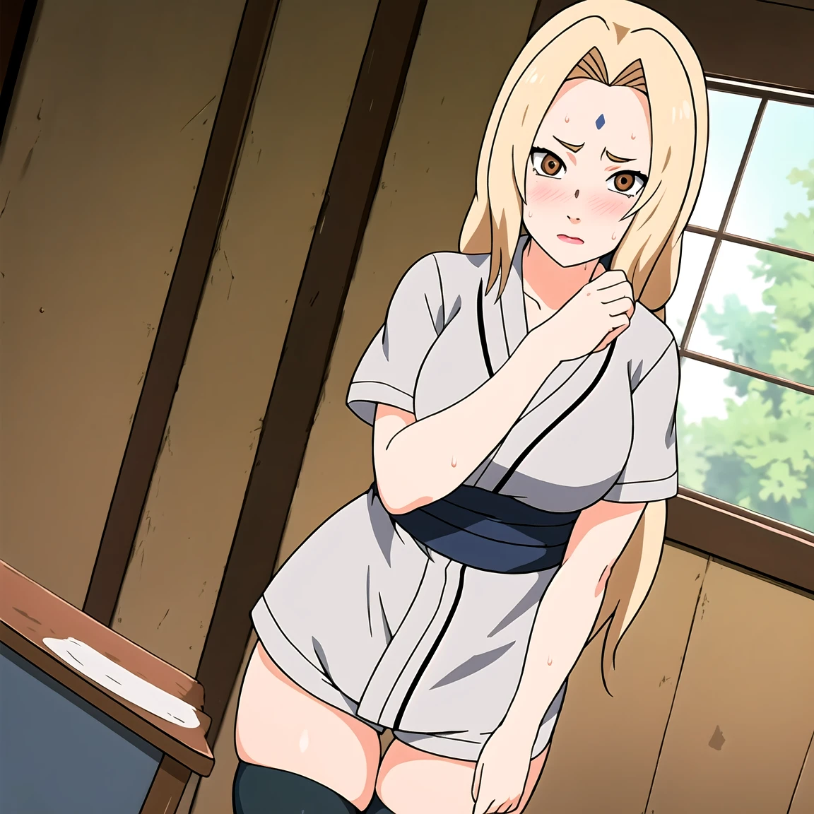 Tsunade , Brown eyes , Blonde Hair , Forehead Mark , (8K, RAW photos, best quality, masterpiece:1.2), (Intricate details), Perfect eyes, Perfect face, Perfect lighting, beautiful, (masterpiece:1.2), (best quality:1.2), 1 Girl, White shirt , Denim shorts , ,(Vision(blush,nervous,Vision,classroom,bookshelf,Standing,))masterpiece, absurd , (Intricate details), (Colorful), light, Extremely detailed CG unity 8k wallpaper ,1 Girl, solo,(shy,classroom,night,blush,nervous,Sweating,蕾丝dress, ),sweat,blush,blush1.5,Blush,Medium chest,((dress,Black stockings,)),(dress,Standing,Uncomfortable expression,Mouth open,spit)