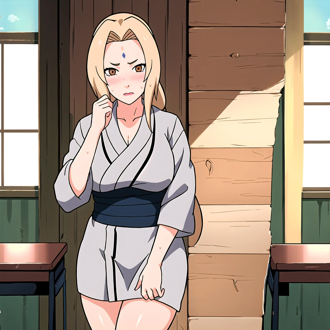 Tsunade , Brown eyes , Blonde Hair , Forehead Mark , (8K, RAW photos, best quality, masterpiece:1.2), (Intricate details), Perfect eyes, Perfect face, Perfect lighting, beautiful, (masterpiece:1.2), (best quality:1.2), 1 Girl, White shirt , Denim shorts , ,(Vision(blush,nervous,Vision,classroom,bookshelf,Standing,))masterpiece, absurd , (Intricate details), (Colorful), light, Extremely detailed CG unity 8k wallpaper ,1 Girl, solo,(shy,classroom,night,blush,nervous,Sweating,蕾丝dress, ),sweat,blush,blush1.5,Blush,Medium chest,((dress,Black stockings,)),(dress,Standing,Uncomfortable expression,Mouth open,spit)