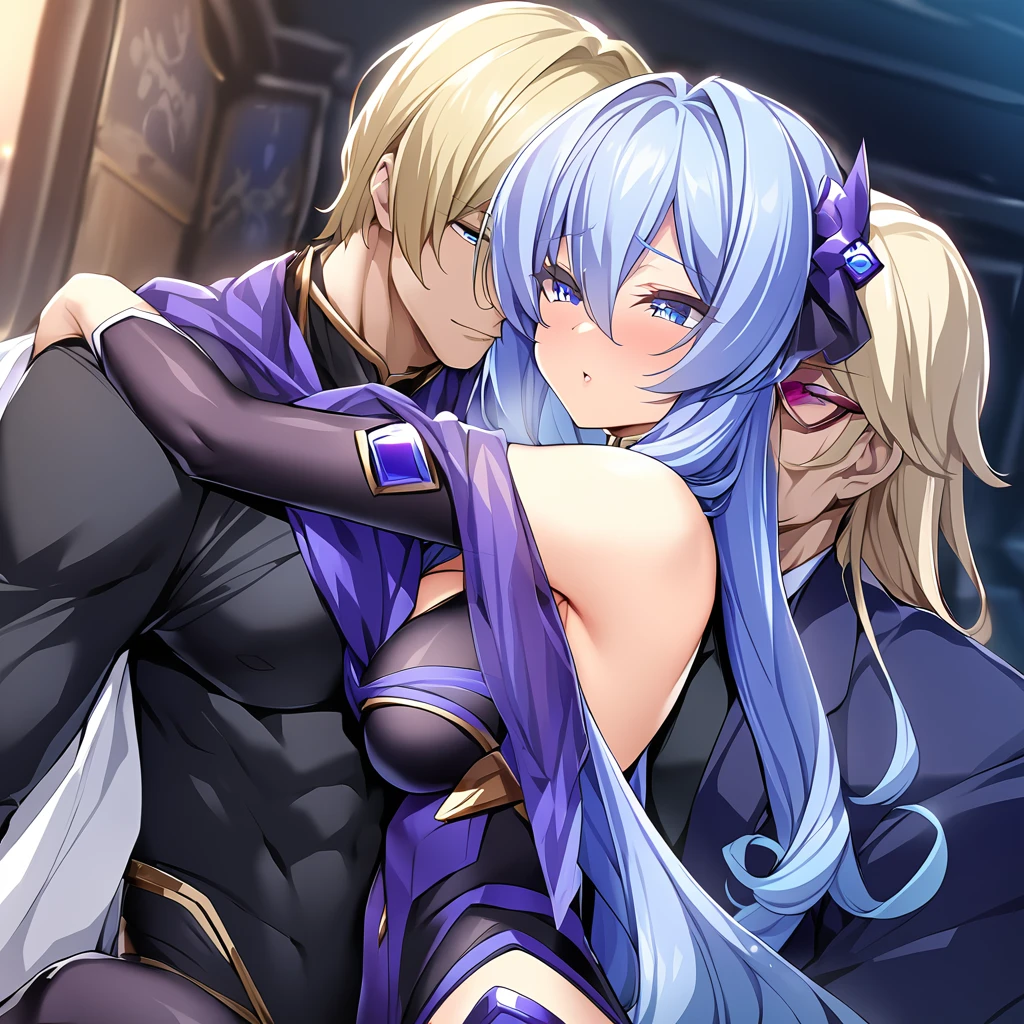 ((Highest quality)), ((masterpiece)), (detailed), (Perfect Face)、The woman is an Exstia, a transforming heroine with semi-long blue hair.、The man is the evil leader, Naioro, a handsome man with medium-long blonde hair and a black bodysuit.、A woman and a man are hugging and kissing while having sex