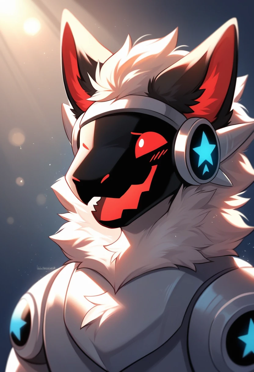 solo male, white protogen, open mouth, furry protogen, furry, smiling, red fur, Black fur stripe, netral, Traumatized face, dynamic lighting, illustration, beautiful, particles (high quality,4k,8k,highres,masterpiece:1.2), ultra-detailed, impressionistic:colorful,