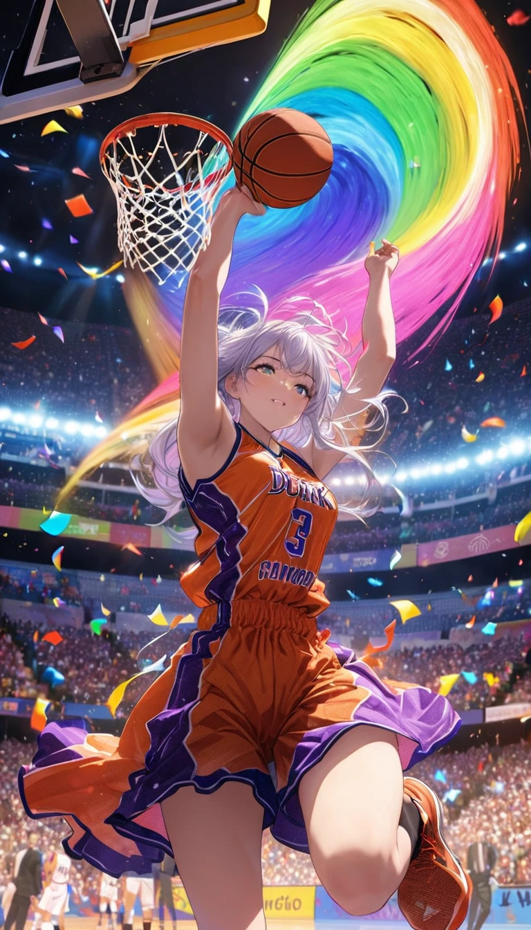 Highest quality, Highest quality, 16K, Unbelievably absurd, Very detailed, delicate and dynamic, Natural light, The particles reflect the rainbow colors, Diffuse reflection of light, Vortex of Light, Lots of rainbow-colored confetti falling, Basketball court, night, illumination, Create amazing image effects, Upper body close-up, (sole sexy girl, Firm bust, , powerful, A game-winning dunk by a professional basketball player, Hollow, Floating in the air, Basketball Uniforms,)
