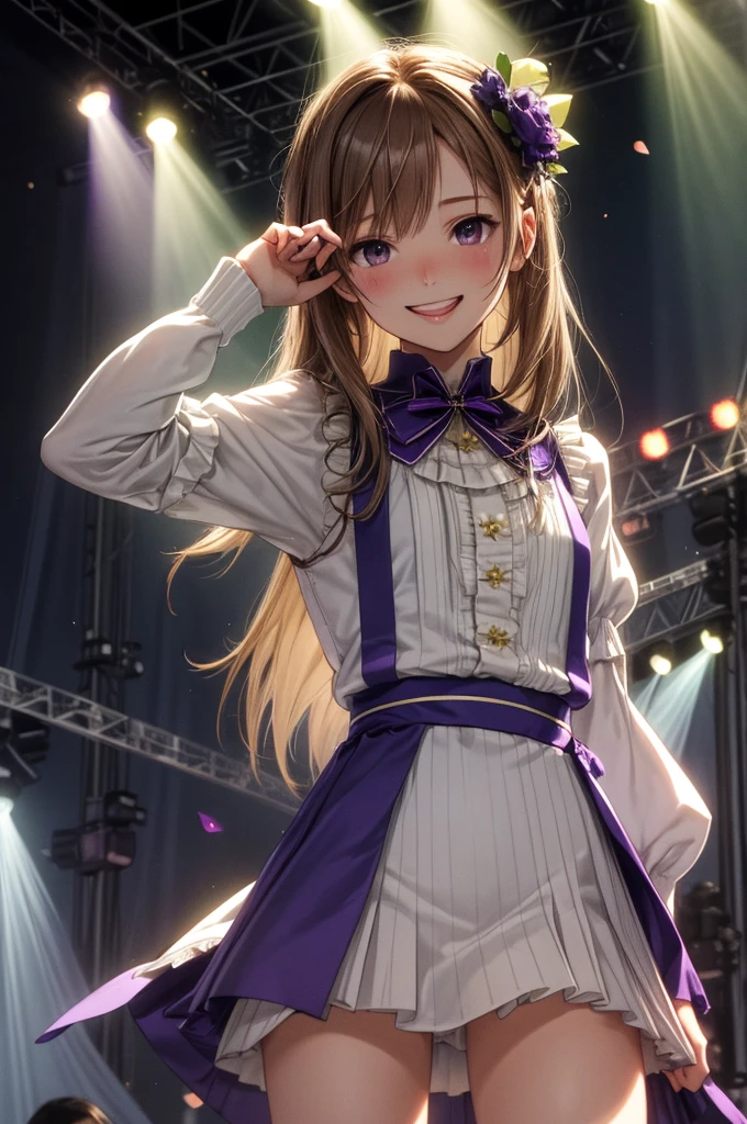 Highest quality、Complete limbs、Full Finger、Slender beauty、Straight hair、Brown Hair、Deresute、green, White and purple idol costume、Knee-high socks、Beautiful big 、Live Stage、sing、Dancing、Big smile
