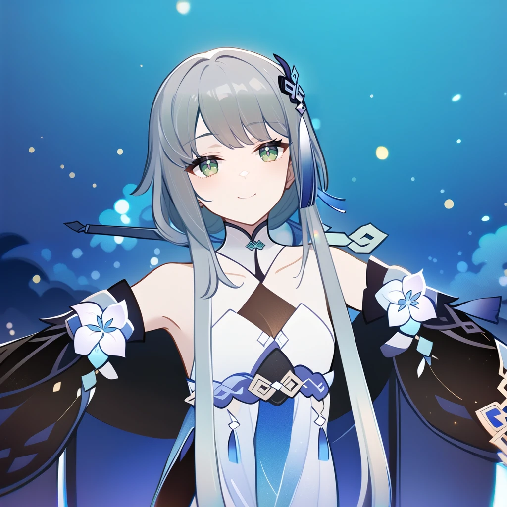 1girl, guizhong_\(genshin_impact\),light grey hair,short_hair_with_long_locks,starry_sky_print,detached_sleeves, long sleeves that drape over hands past fingers,dancing,hanfu,pale green-grey eyes,stunning field of softly glowing blue and white glaze lilies,night scene,gentle smile,moonlight,glossy lips,soft anime coloring,cel shading,smooth, soft dreamy focus,anklet,halter_top,white clothes,highly detailed,digital painting,field of flowers,bare_shoulders,mihoyo,barefoot,cool night tones, magical night scene,masterpiece, best quality, film, bokeh, multicolored light particles,professional, 4k, highly detailed,fireflies,Guardian nebula of rainbow light and silvery vapor,ai-generated,goddess of stardust,realistic:.25,starry_sky,milkyway