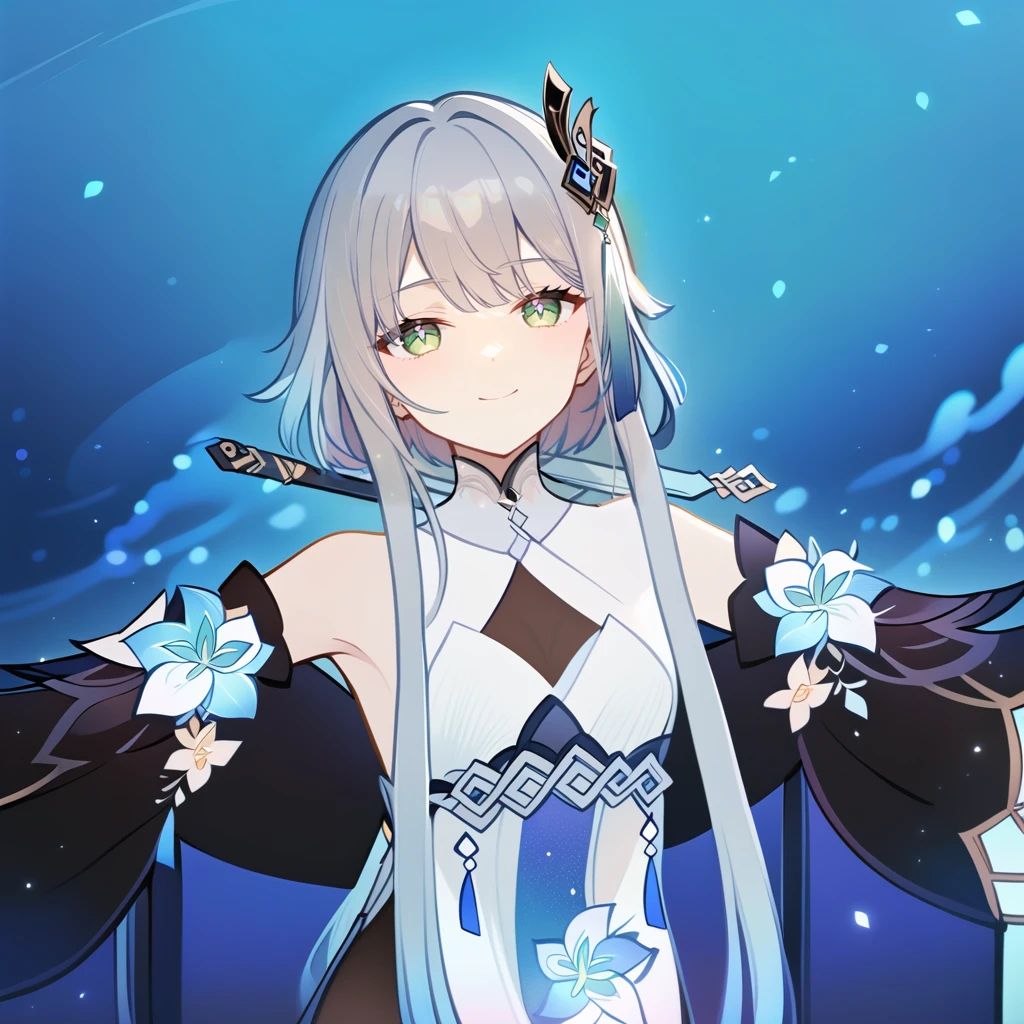1girl, guizhong_\(genshin_impact\),light grey hair,short_hair_with_long_locks,starry_sky_print,detached_sleeves, long sleeves that drape over hands past fingers,dancing,hanfu,pale green-grey eyes,stunning field of softly glowing blue and white glaze lilies,night scene,gentle smile,moonlight,glossy lips,soft anime coloring,cel shading,smooth, soft dreamy focus,anklet,halter_top,white clothes,highly detailed,digital painting,field of flowers,bare_shoulders,mihoyo,barefoot,cool night tones, magical night scene,masterpiece, best quality, film, bokeh, multicolored light particles,professional, 4k, highly detailed,fireflies,Guardian nebula of rainbow light and silvery vapor,ai-generated,goddess of stardust,realistic:.25,starry_sky,milkyway