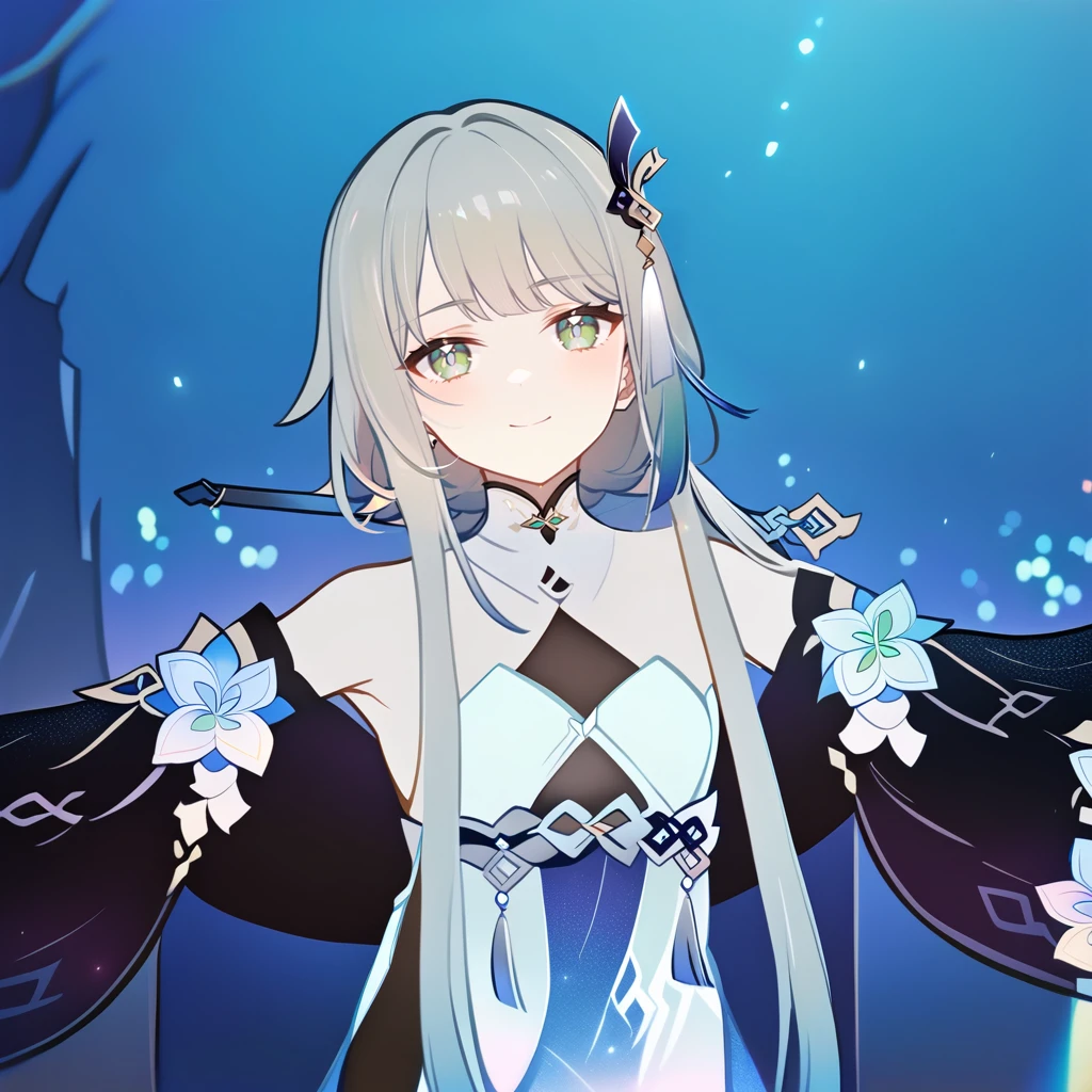 1girl, guizhong_\(genshin_impact\),light grey hair,short_hair_with_long_locks,starry_sky_print,detached_sleeves, long sleeves that drape over hands past fingers,dancing,hanfu,pale green-grey eyes,stunning field of softly glowing blue and white glaze lilies,night scene,gentle smile,moonlight,glossy lips,soft anime coloring,cel shading,smooth, soft dreamy focus,anklet,halter_top,white clothes,highly detailed,digital painting,field of flowers,bare_shoulders,mihoyo,barefoot,cool night tones, magical night scene,masterpiece, best quality, film, bokeh, multicolored light particles,professional, 4k, highly detailed,fireflies,Guardian nebula of rainbow light and silvery vapor,ai-generated,goddess of stardust,realistic:.25,starry_sky,milkyway