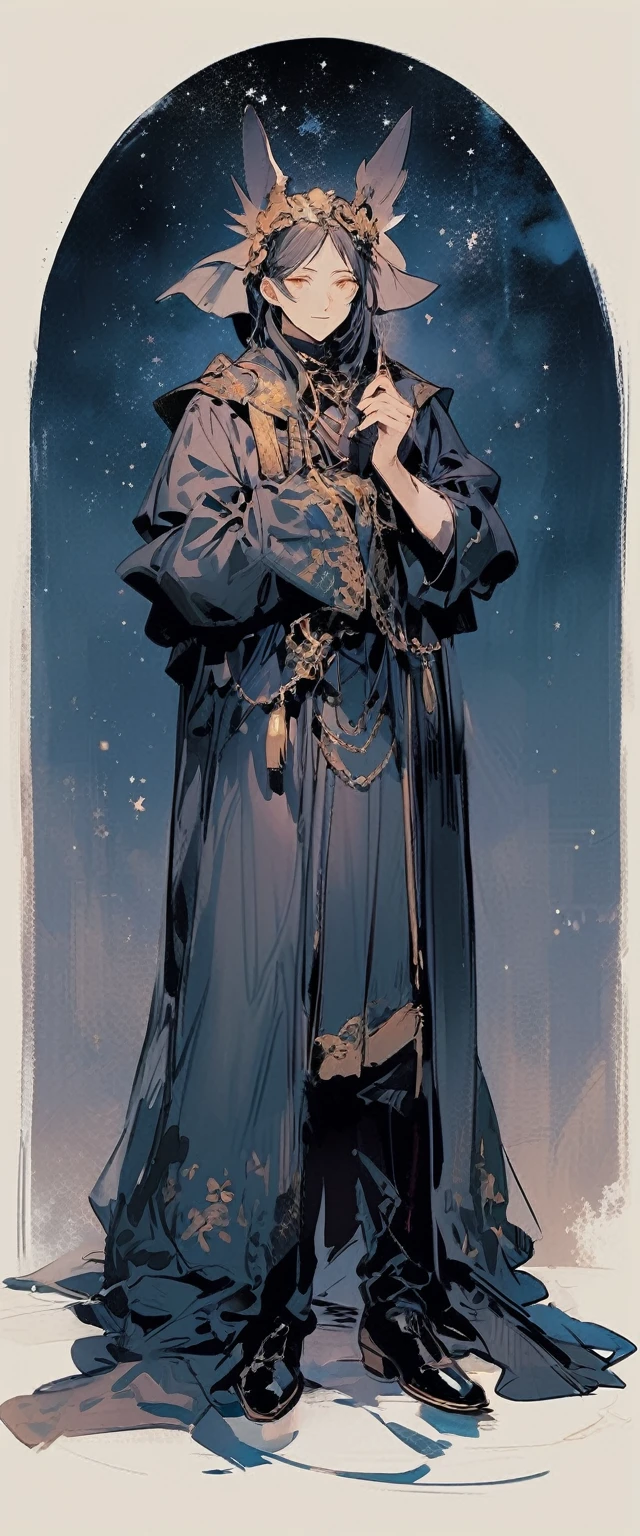 A man looking up at the starry sky,Costume,The devil is standing behind,Background Chang'an night scene,The Glory of the Magic Circle,The character is at the bottom of the screen,Vision,
