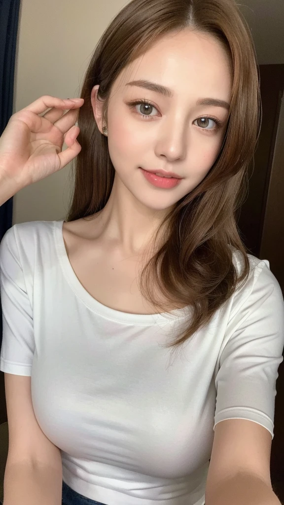 ((Highest quality, 8k, masterpiece: 1.3)), One girl, The beauty of slim abs: 1.3, (Hairstyle Casual, : 1.2), White T-shirt: 1.1, Very beautiful face, Delicate eyes, double eyelid, smile, Home, Cowboy Shot