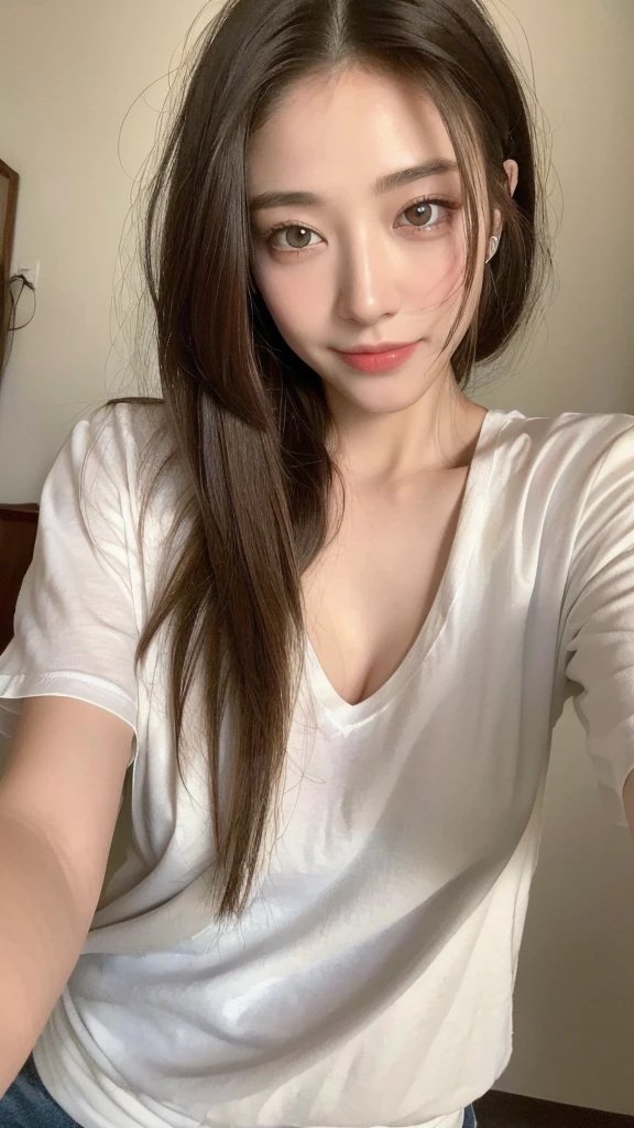 ((Highest quality, 8k, masterpiece: 1.3)), One girl, The beauty of slim abs: 1.3, (Hairstyle Casual, Big Breasts: 1.2), White T-shirt: 1.1, Very beautiful face, Delicate eyes, double eyelid, smile, Home, Cowboy Shot