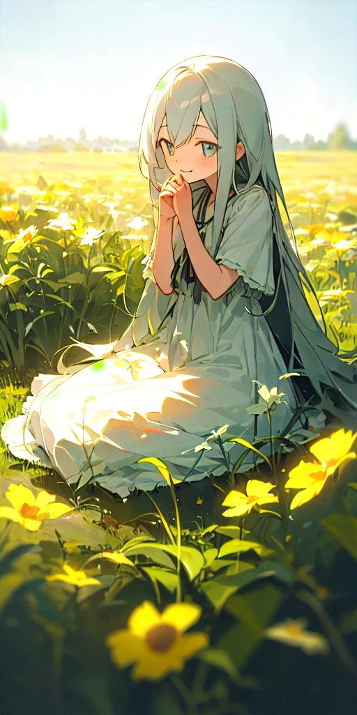 (masterpiece, best quality), lowcontrast, 1girl with long aschgray hair sitting in a field of early summer plants and flowers, her hand under her chin, light smiling, warm lighting, simple summer dress, blurry foreground