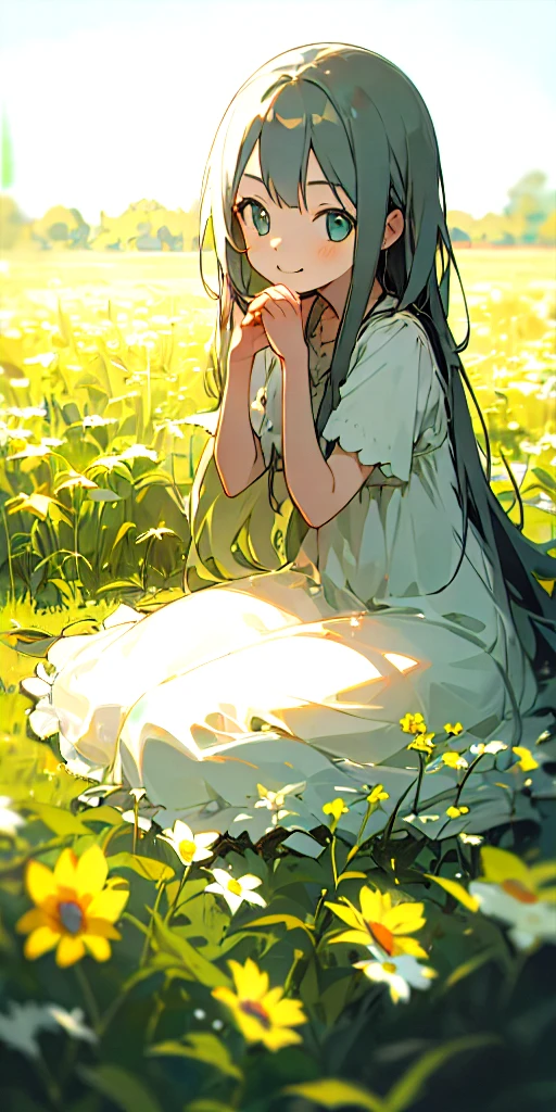 (masterpiece, best quality), lowcontrast, 1girl with long aschgray hair sitting in a field of early summer plants and flowers, her hand under her chin, light smiling, warm lighting, simple summer dress, blurry foreground