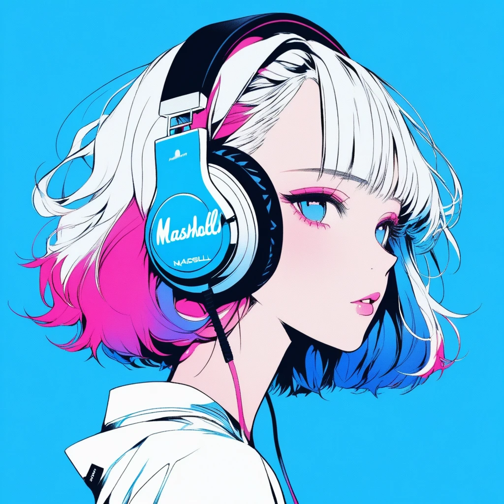 ilustrador, Japanese cartoons , Practical ,sketch , 1 girl, ,Lips, summer,Short sleeve，Order, Blue gradient background, Neon hair,Texture decoration, Canada, (masterpiece,best quality) glycerin，Square-shaped headphones with the Marshall logo,