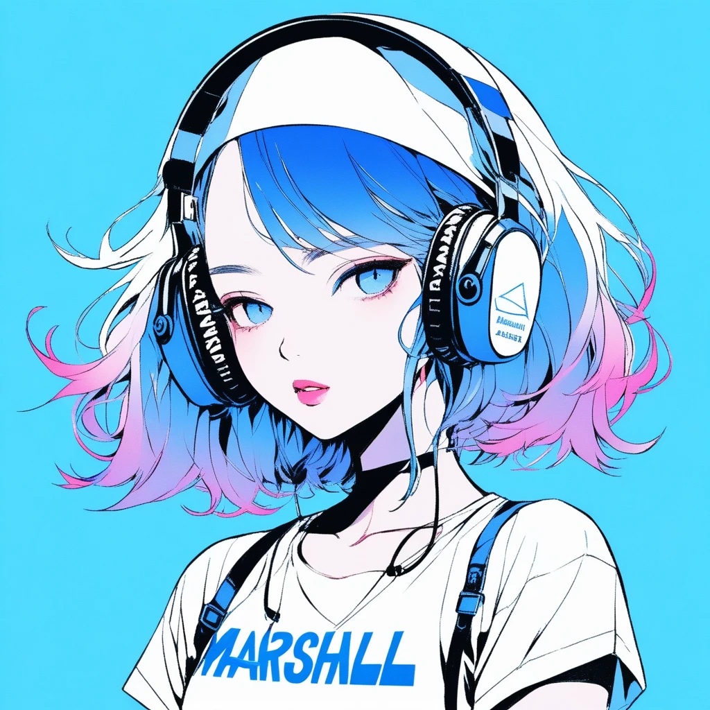 ilustrador, Japanese cartoons , Practical ,sketch , 1 girl, ,Lips, summer,Short sleeve,Order, Blue gradient background, Neon hair,Texture decoration, Canada, (masterpiece,best quality) glycerin,Square-shaped headphones with the Marshall logo,