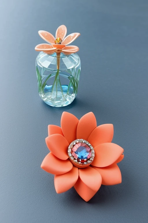 realistic, nature light, Create a flower that represents a oranje and blue ocean mermaid boy, with precious stones, water, the flower is linked to a silver ring that has precious stones,  rare flower