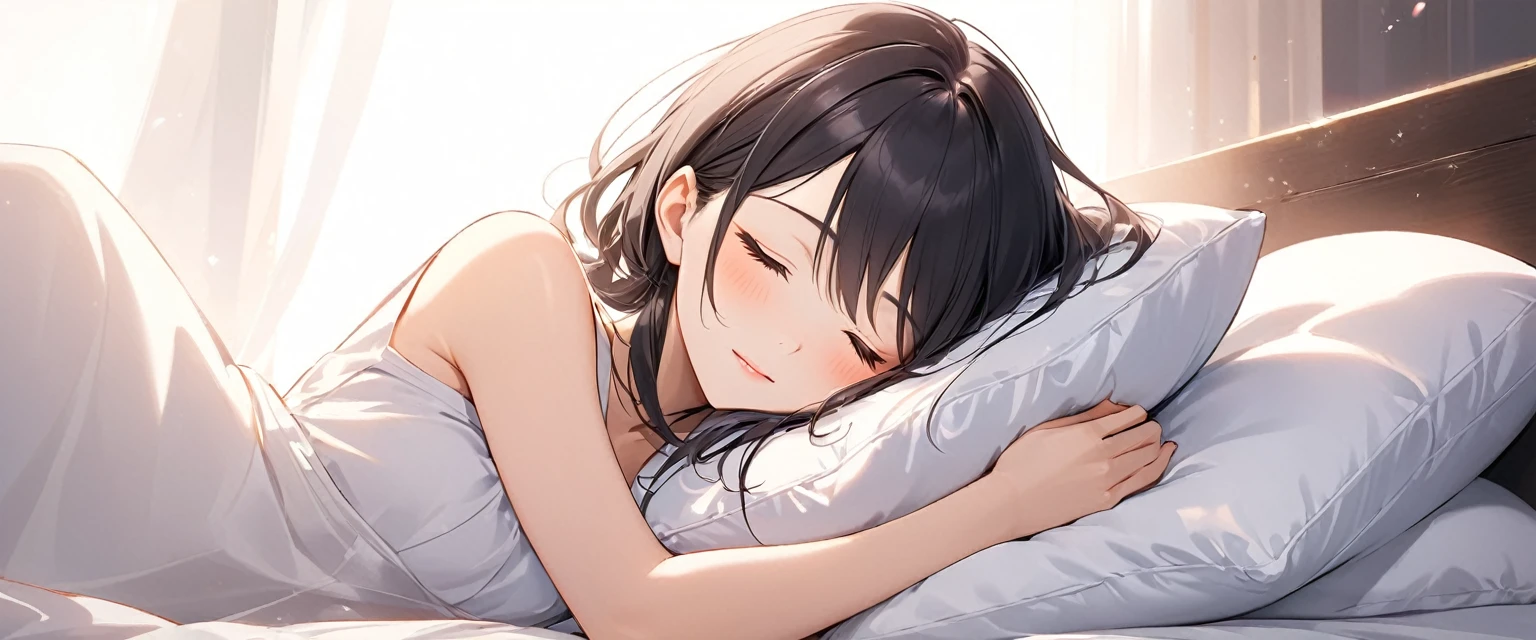 Minimalist style: Pillow on your arm, Close your eyes and relax, show a romantic, Relaxed and elegant beauty
