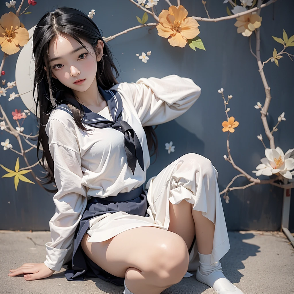 床に座っているSailor suitを着たアラビアのアジア人女性, Wearing a black uniform, Anime girl crouching, Beautiful face with arms and legs, Surrealist schoolgirl, Girl in uniform, Surrealist , Shot with Canon EOS 5D, cute , Strike a Pose, Sailor suit, Real young gravure idol,Adorable,Super Skirt