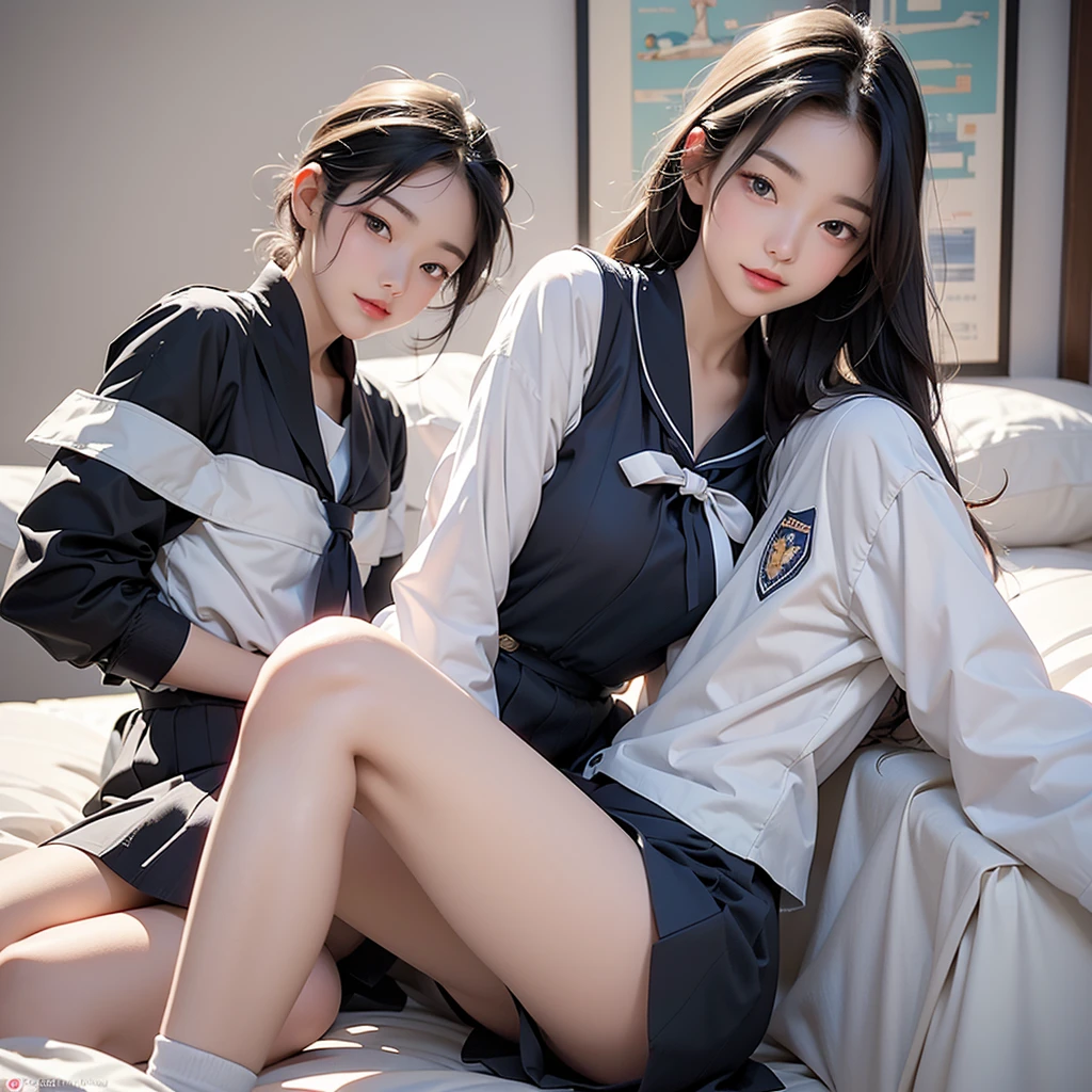 床に座っているSailor suitを着たアラビアのアジア人女性, Wearing a black uniform, Anime girl crouching, Beautiful face with arms and legs, Surrealist schoolgirl, Girl in uniform, Surrealist , Shot with Canon EOS 5D, cute , Strike a Pose, Sailor suit, Real young gravure idol,Adorable,Super Skirt