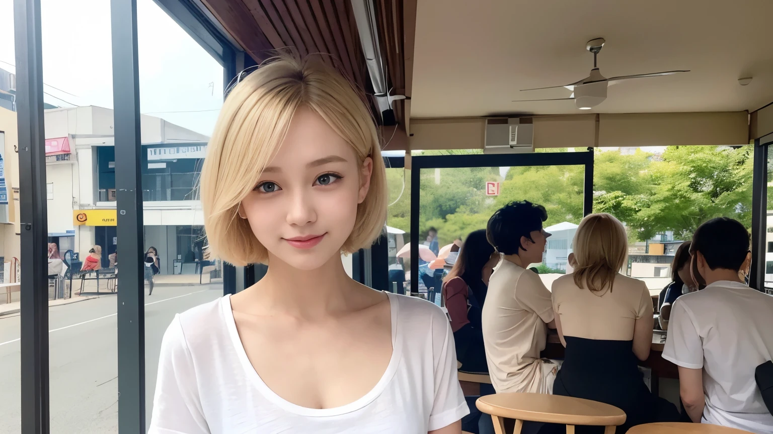 super high quality, Short Hair, Slenderのネックレス, Slender, Gravure photoshoot, The staff is working at the counter in the back., (8k、RAW Photos、Highest quality、masterpiece:1.2), Japanese Idol, Stylish café, The cafe is crowded with people enjoying themselves., (Realistic、Photorealistic:1.37), Urban Cafe, Golden Ratio, Raw photo, Cute face , Small breasts, Bright cafe interior, Blonde hair, Summer clothes, Cafe Terrace, Open Cafe, A kind smile, Hair blowing in the wind, Neat clothes, boyish, T-Shirts, ベリーShort Hair, 18-year-old, younger sister, Stylish clothes, 
