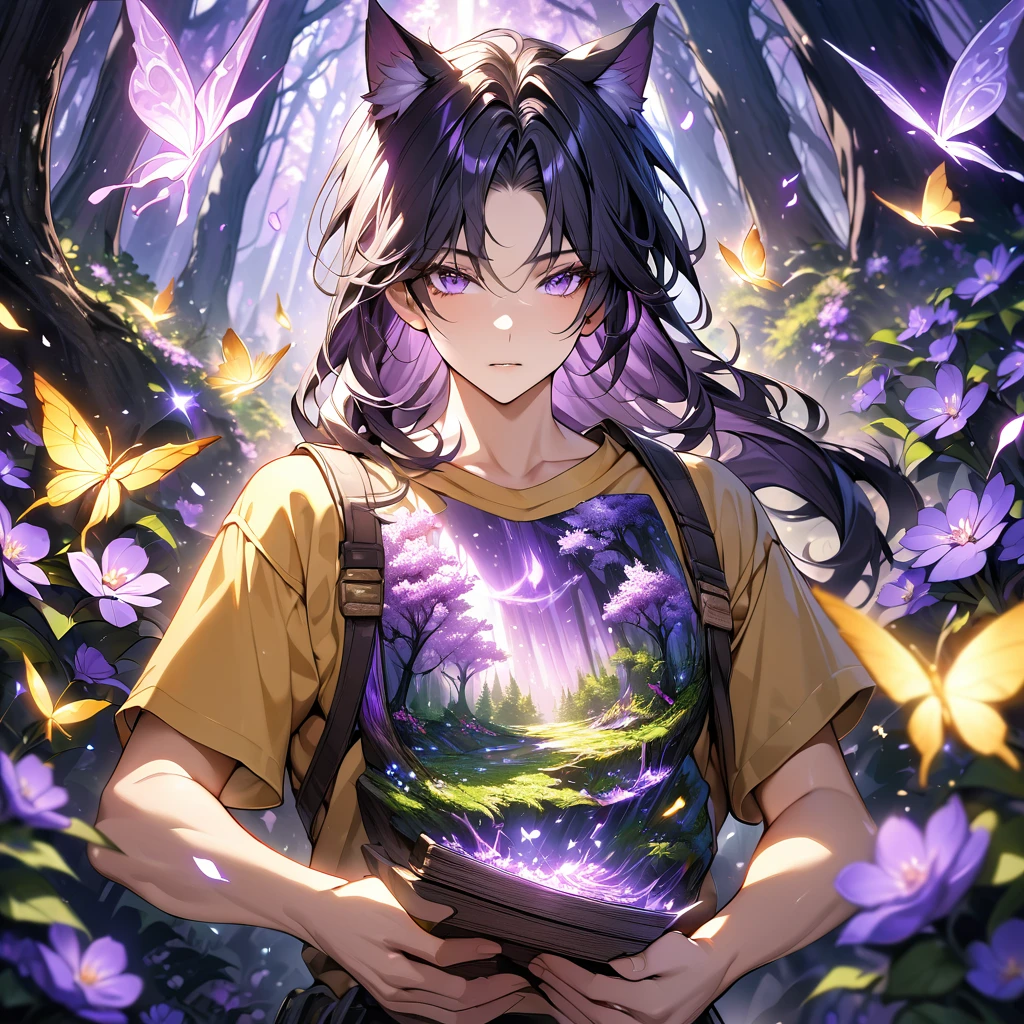 yellow tshirt, cat ears, forest,purple dark light, absurdres, highres, ultra detailed, HDR, master piece, best quality, black hair, expressive purple eyes, magical, fantasy, shining, purple flowers, blossoms, yellow butterflies, medium shot, boy handsome