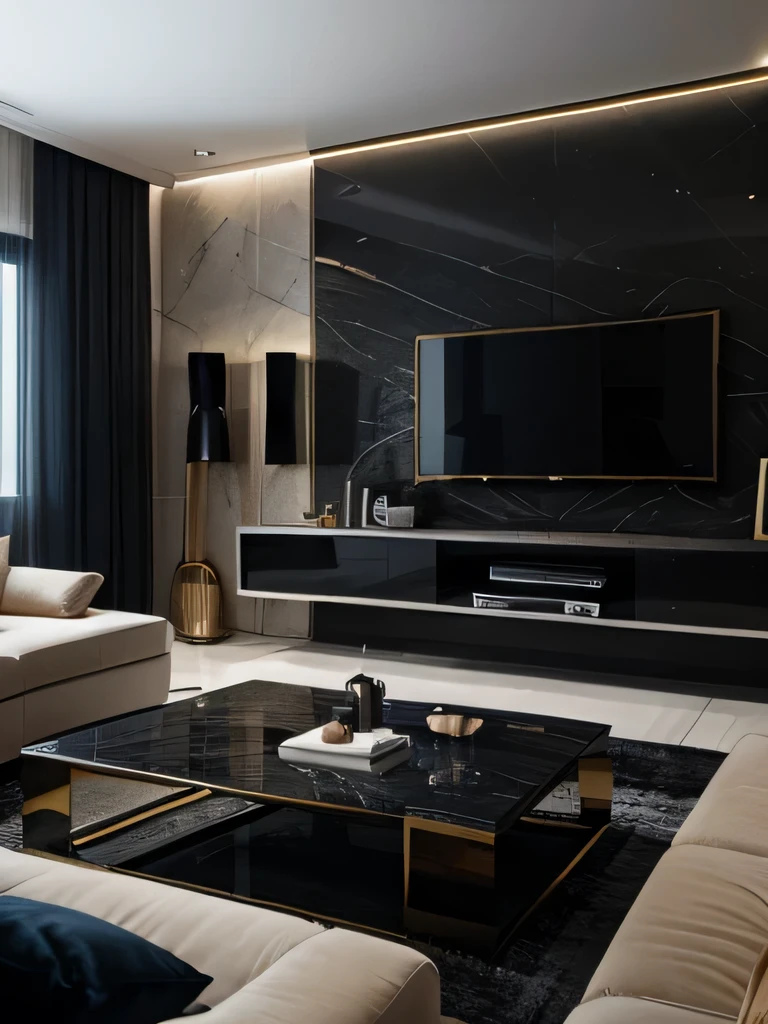 Professional 3D architecture rendering design of modern and minimal design for tv room with beige and dark blue velvet sofa and black slab stone  with dark gold lines for tv wall 