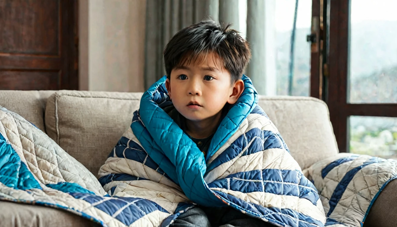 An Asian boy sitting on the sofa in the living room,Wear a big cotton jacket,Wrapped in a quilt,Shivering