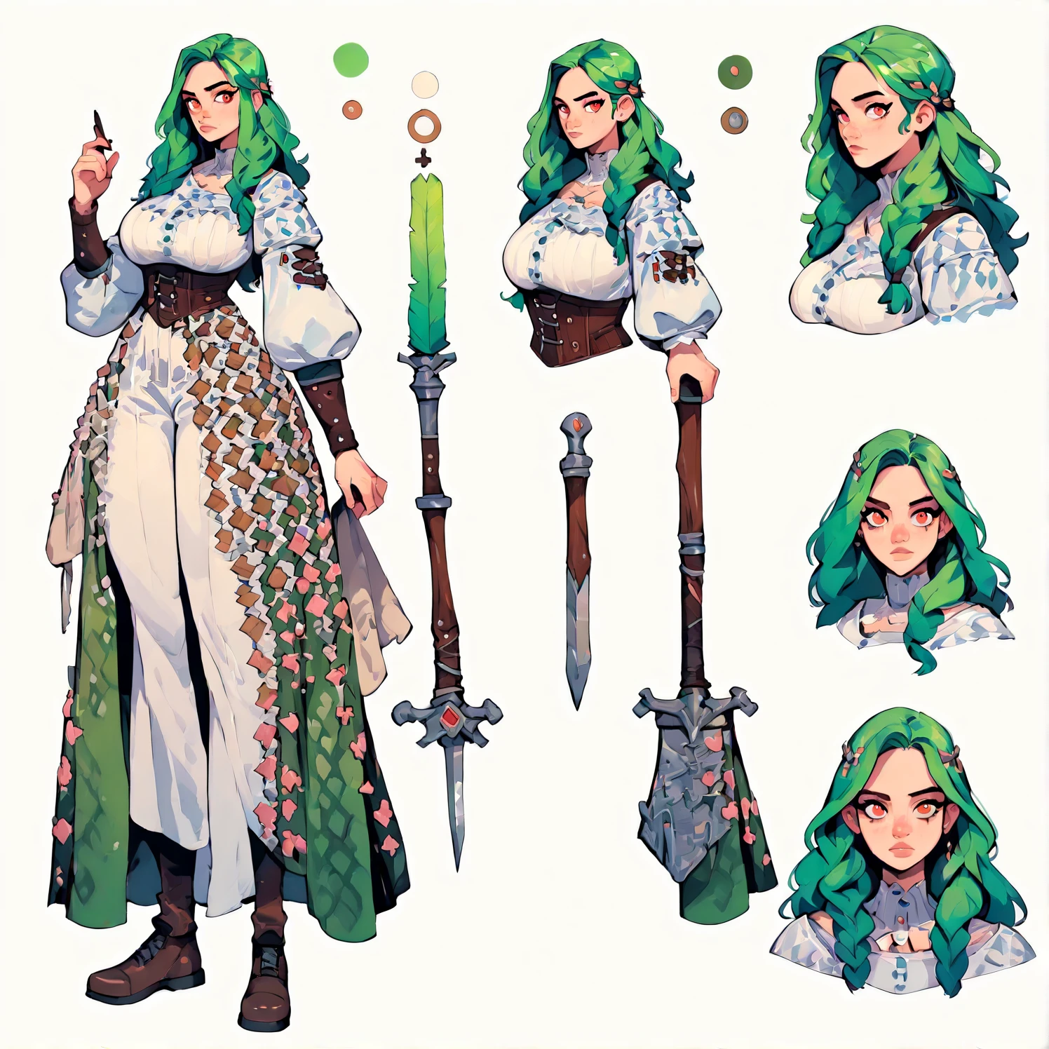 check_9, check_8_up, check_7_up, check_6_up, (character sheet:1), 1 girl, student green hair, Medieval girl, huntress,thick thighs, white long hair, Red eyes, big breasts, simple white background, dynamic pose, sexual, reference sheet, (whole body, from the outside, Front:1.1), upper body, cartoon, Character DesignXL