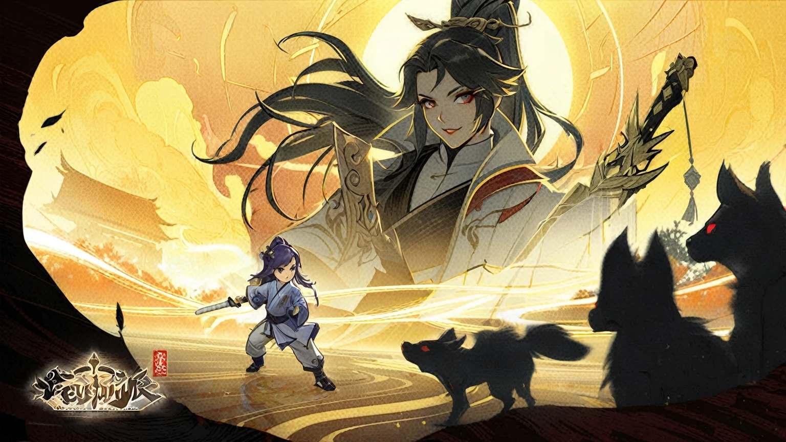 Anime character holding a sword and a dog before sunset, Onmyoji detailed art, author:Yang J, Onmyoji, heise jinyao, wuxia, Full body martial arts, Keqing from genshin impact, G Liulian art style, Inspired by Wu Daozi, Wing Wall and Shurak