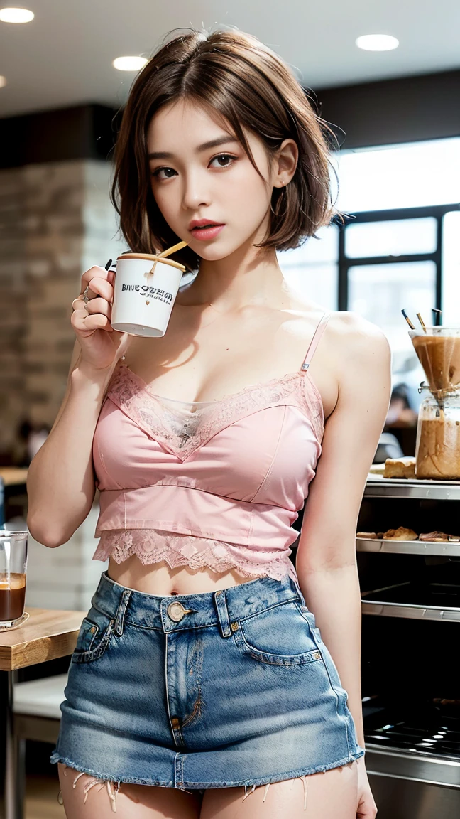 ((best quality, 8k, masterpiece :1.3)), (sharp focus :1.2, Beautiful woman with perfect body :1.4, slim abs :1.2), ((big bust, emphasize division:1.3)), (Photorealistic:1.4), (realistic:1.4), (short bob hair, light brown hair:1.5), Highly detailed face and skin texture, fine particles, double eyelid. makeup face, A little lipstick, Sex appeal, sexy etching pose, ((Pink lace camisole and denim mini skirt、Cafeteria in the background、She poses while drinking coffee with her camisole lowered to expose her shoulders..。:1.3)