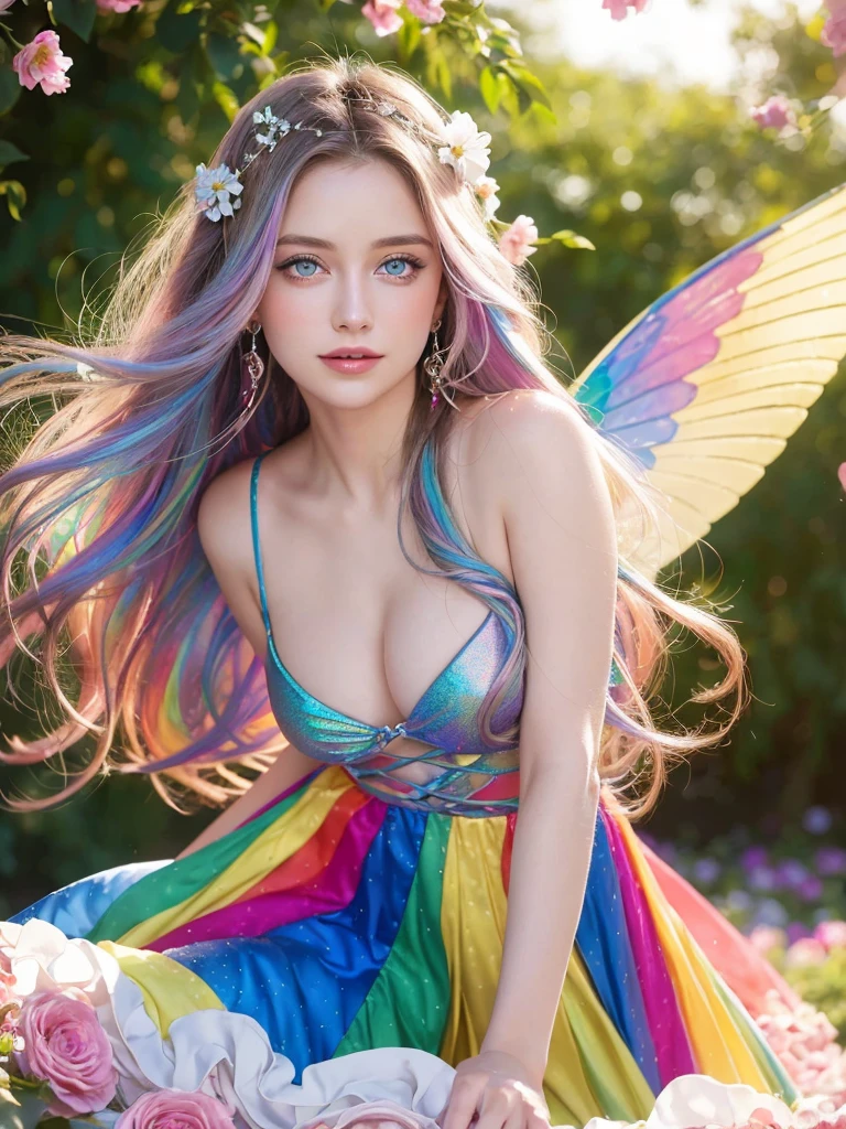 A sultry 27-year-old woman with piercing blue eyes and luscious locks gazes directly into the camera lens, her full lips slightly upturned in a mischievous grin. Close-up portrait of a young woman with vibrant, blowing hair and mesmerizing eyes, posing in mid-flight amidst a serene garden filled with blooming flowers under soft, cinematic lighting, capturing charming, cute, and beautiful expression shining like a sunset amidst a rainbowish aura ((holographic)). Her flowing dress made of ultra-detailed petals appears to dance across her figure as she takes flight, set against a lush backdrop of colorful blooms.