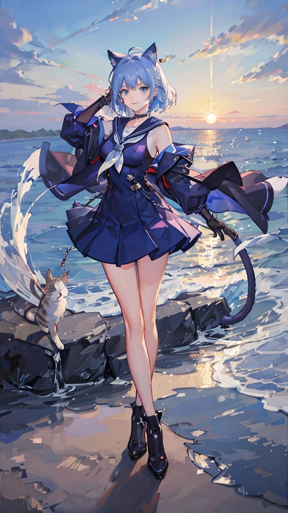 Blue Hair　blue eyes　short hair　Have　student　Cat ear　nice　Blue Earrings　necklace　gloves　beauty　Sailor suit　Fantasy　smile　sunset