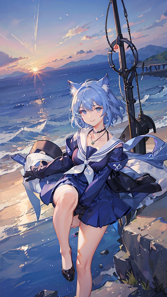 Blue Hair　blue eyes　short hair　Have　student　Cat ear　nice　Blue Earrings　necklace　gloves　beauty　Sailor suit　Fantasy　smile　sunset