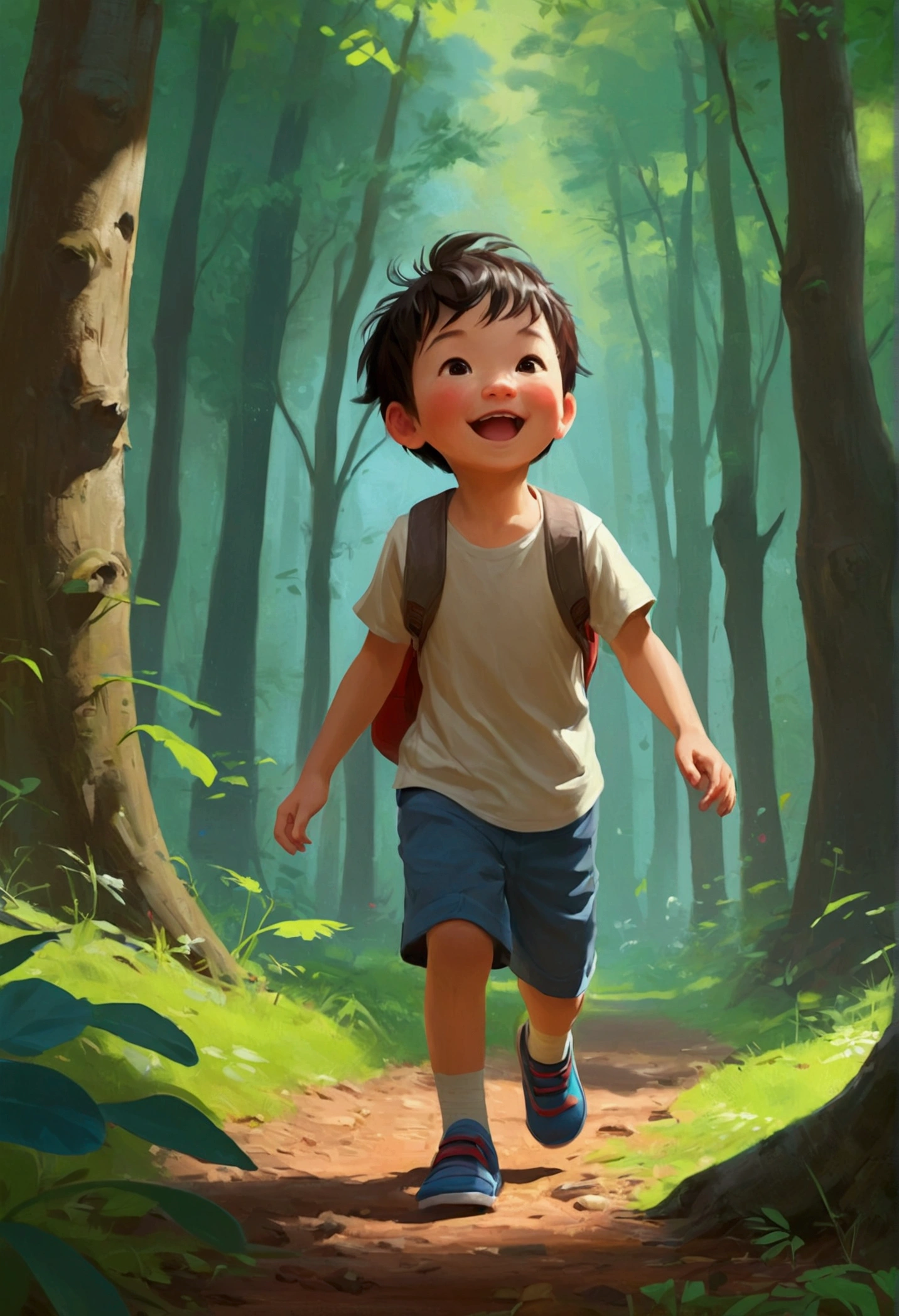 there is a young boy that is playing in the woods, adorable digital painting, expressing joy. by krenz cushart, childrens art in artstation, happy kid, enjoying a stroll in the forest, inspired by Goro Fujita, by Yeong-Hao Han, jaeyeon nam, inspired by Yeong-Hao Han, by Kim Eung-hwan