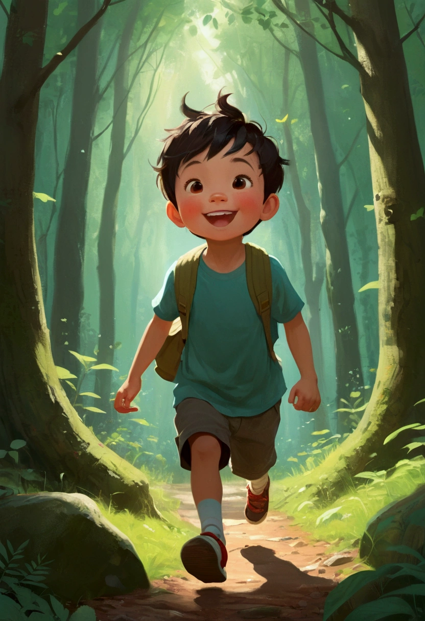 there is a young boy that is playing in the woods, adorable digital painting, expressing joy. by krenz cushart, childrens art in artstation, happy kid, enjoying a stroll in the forest, inspired by Goro Fujita, by Yeong-Hao Han, jaeyeon nam, inspired by Yeong-Hao Han, by Kim Eung-hwan