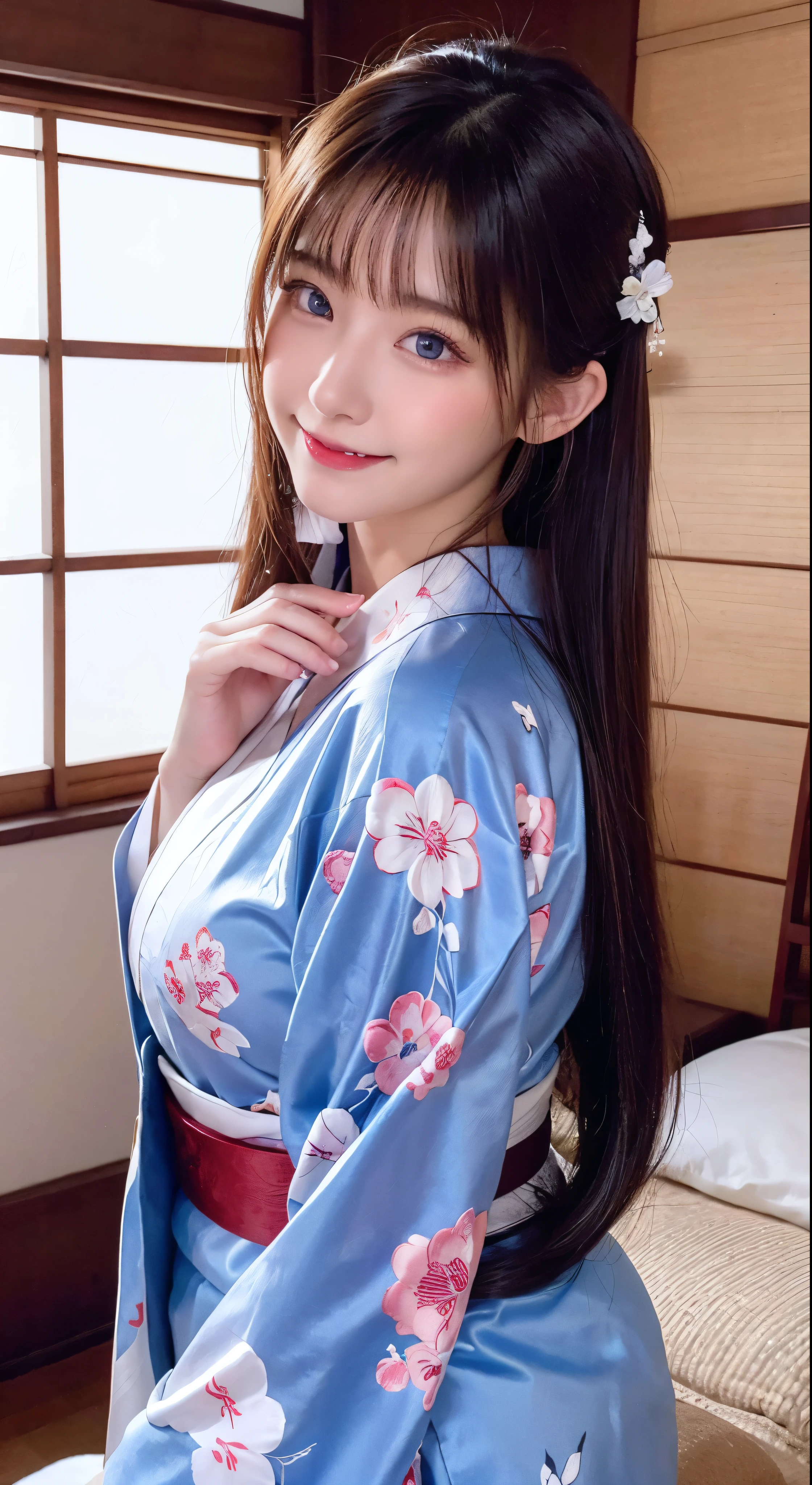 with high definition imageasterpiece、Highest quality、16K 、 Accurate kimono dressing in a Japanese-style room、One person、Enchanting　Beautiful face smiling、Beautiful woman in white floral kimono、Red obi kimono、Brown hair cascading down her back、Blue eyes sparkling with admiration、Her long hair flows gently back，Full body high quality images。Facial details