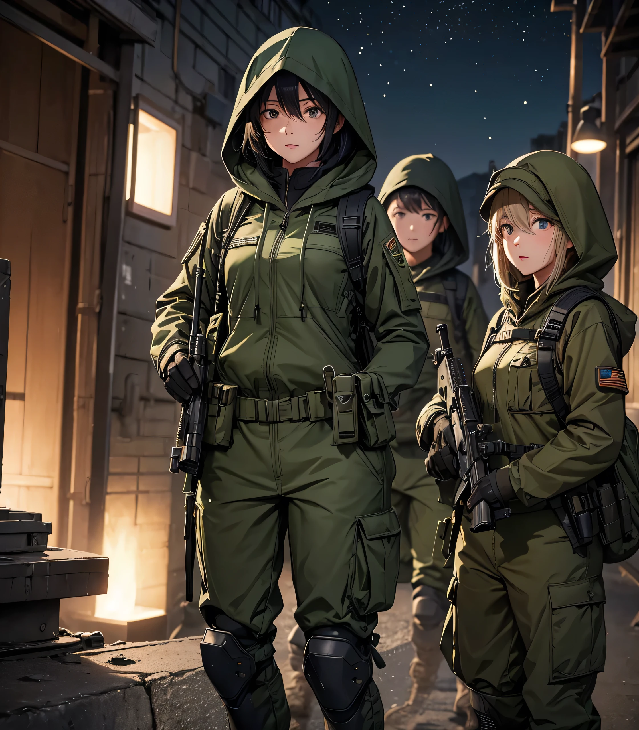 A group of female soldiers on patrol at night，All wear dark green M-51 hooded military uniforms、Hooded on head、Magazine Pouch、Military Pants、Knee pads，Military Administrative Area，Write details、masterpiece、best quality、Highly detailed CG、8K picture quality