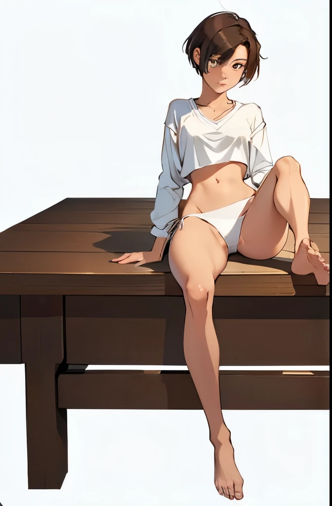 ((Medium Shot)), beautiful girl, skinny, boyish, very short hair, brown hair, (wear a white long-sleeved T-shirt), (white bikini panties) , Perfect hands, Perfect body, put her feet on the table., (bare foot), ((looking away)), ((Exquisite detail)), Very finely crafted fingers(((10 fingers))), , (Full-body showcase), (Show your whole body), (No logos on background), (No logo), The camera frame is taken from below.,