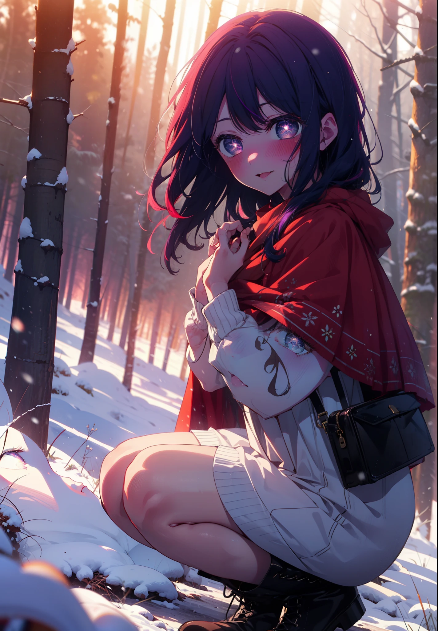 aihoshino, Ai Hoshino, Long Hair, bangs, (Purple eyes:1.1), Purple Hair, (Symbol-shaped pupil:1.5), smile,,smile,blush,white breath,
Open your mouth,snow,Ground bonfire, Outdoor, boots, snowing, From the side, wood, suitcase, Cape, Blurred, , forest, White handbag, nature,  Squat, Mouth closed, Cape, winter, Written boundary depth, Black shoes, red Cape break looking at viewer, Upper Body, whole body, break Outdoor, forest, nature, break (masterpiece:1.2), Highest quality, High resolution, unity 8k wallpaper, (shape:0.8), (Beautiful and beautiful eyes:1.6), Highly detailed face, Perfect lighting, Highly detailed CG, (Perfect hands, Perfect Anatomy),