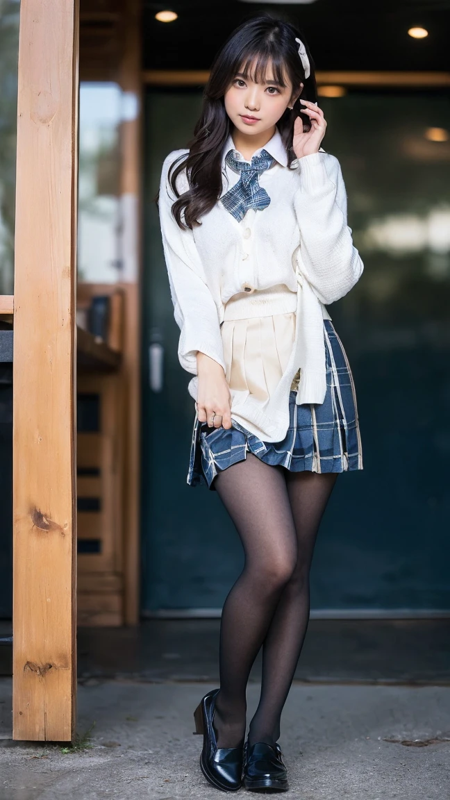 (((8k、High resolution、Highest quality、High resolution)))alone、Natural body shape、White skin、Natural Makeup、((Black Hair、bangs、Straight Long Hair))、(((flipped my skirt:1.8)))、、(:1.4)、(())、(((((Full body photo)))))、(((Looking into the camera)))、(((Wear a uniform on the upper body)))、Bedroom、(((Of high school))) 、((white collared long sleeve blouse))、((Beige cardigan))、((Pleated skirt with dark blue plaid pattern、mini skirt、Ultra-realistic pantyhose))、、、Expressionless、((Exposing thighs))