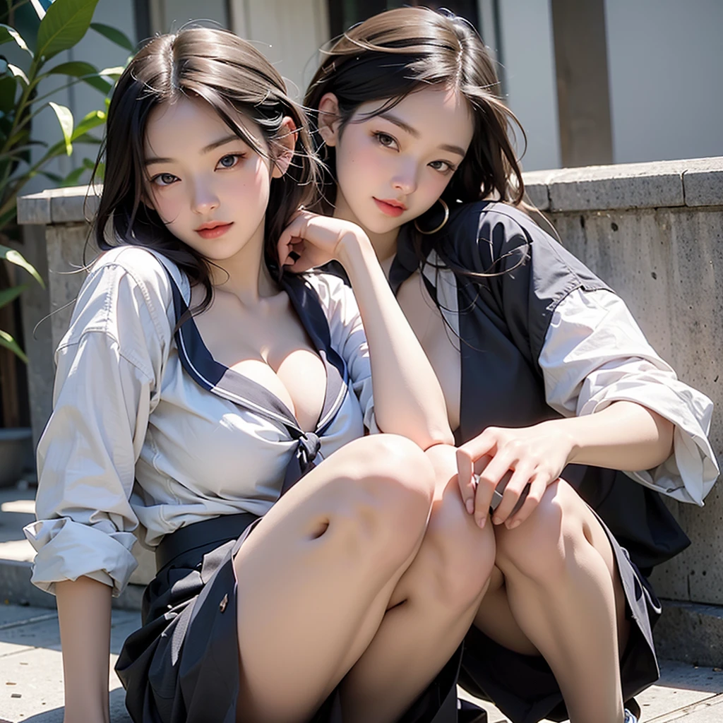 床に座っているSailor suitを着たアラビアのアジア人女性, Wearing a black uniform, Anime girl crouching, Beautiful face with arms and legs, Surrealist schoolgirl, Girl in uniform, Surrealist , Shot with Canon EOS 5D, cute , Strike a Pose, Sailor suit, Real young gravure idol,Adorable,Super Skirt((((Emphasize cleavage))))
