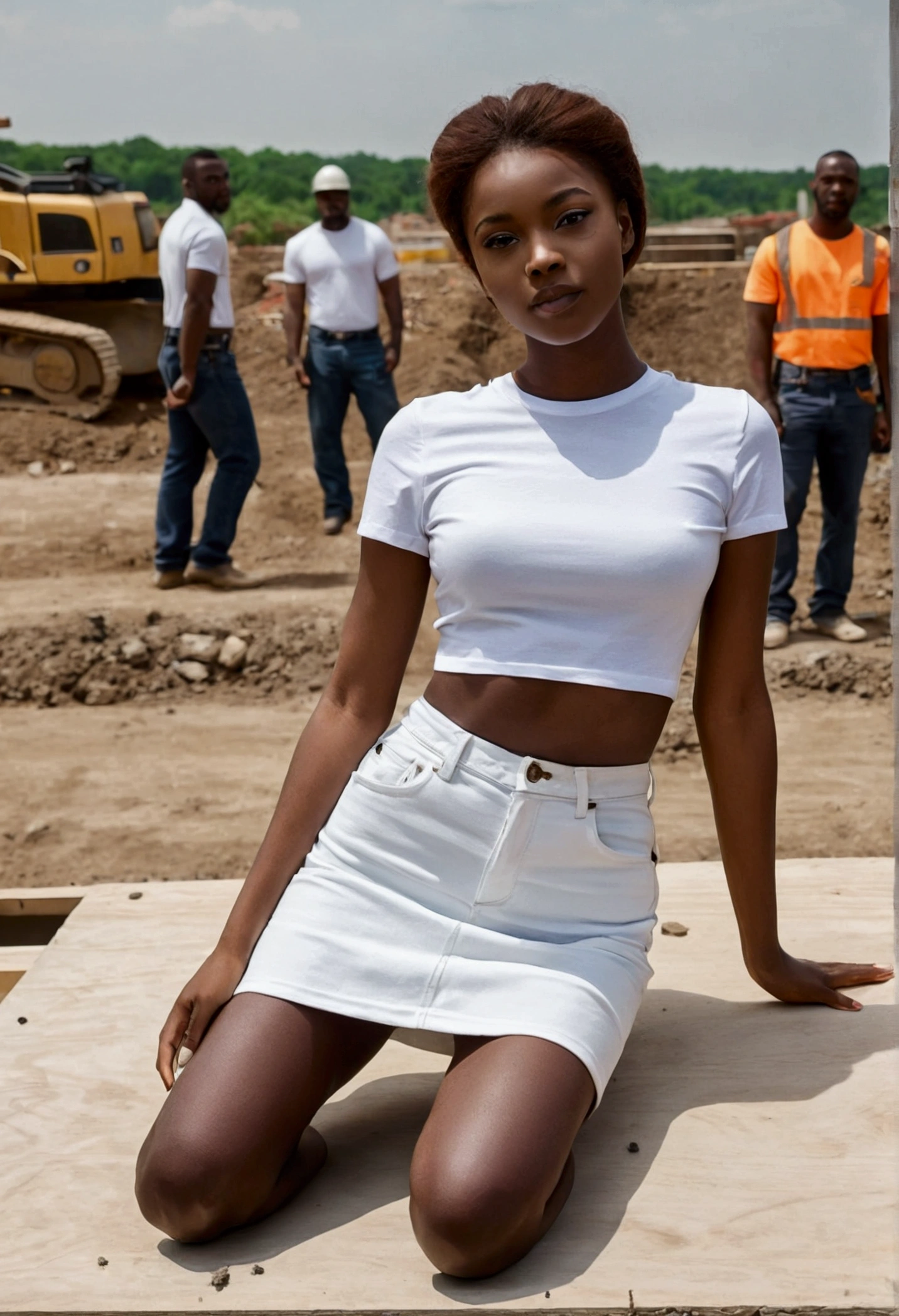 Girl in white good and tight denim skirt posing for photo, whole body, Cropped T-shirt, good, The body is slim, Small Bust, Slim Girl Model, 24 year old female model, Lying on a construction site, A group of black men watch