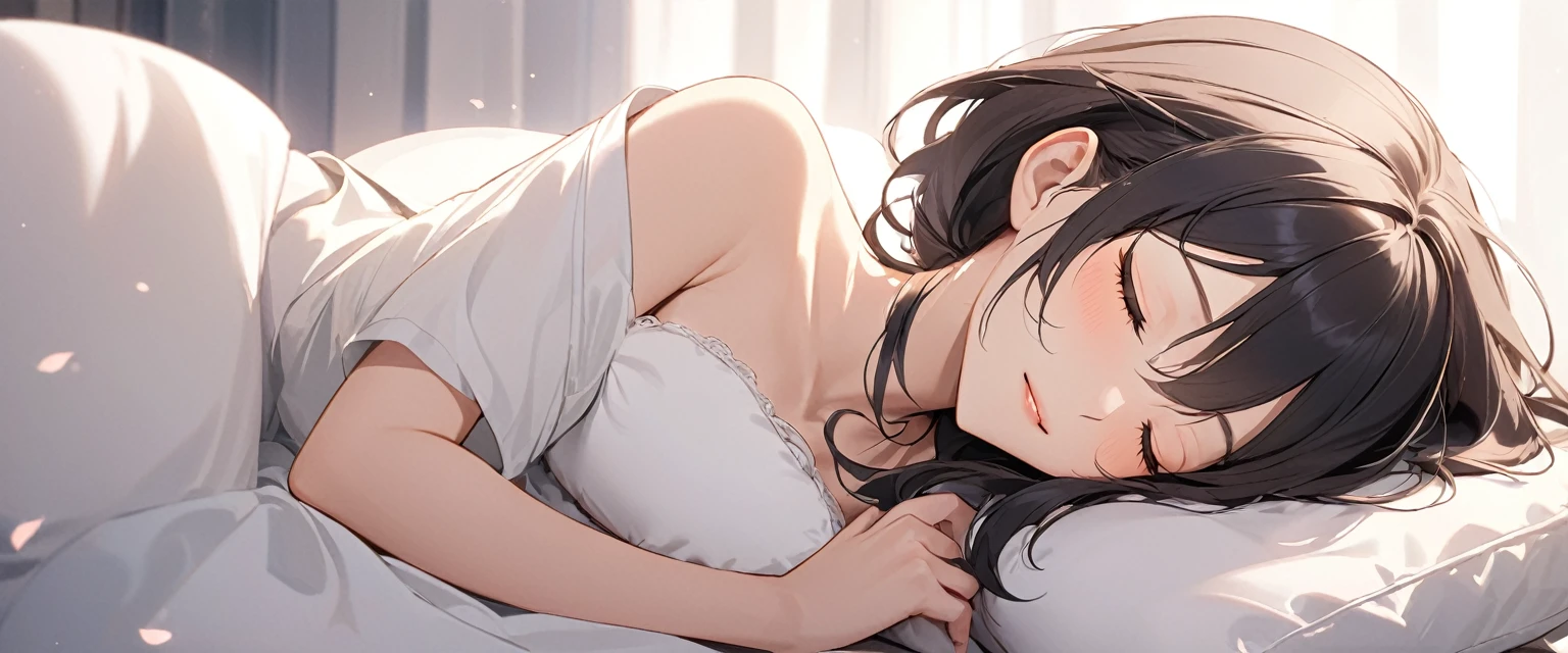Minimalist style: Pillow on your arm, Close your eyes and relax, show a romantic, Relaxed and elegant beauty