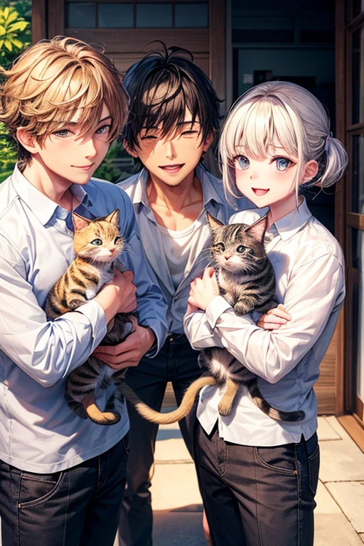 3 kittens,A man and his kitten,Man surrounded by kittens,smile,Refreshing Men,とびっきりの優しいsmile,Mouth wide open,blush,猫もsmile,Three types of kittens
