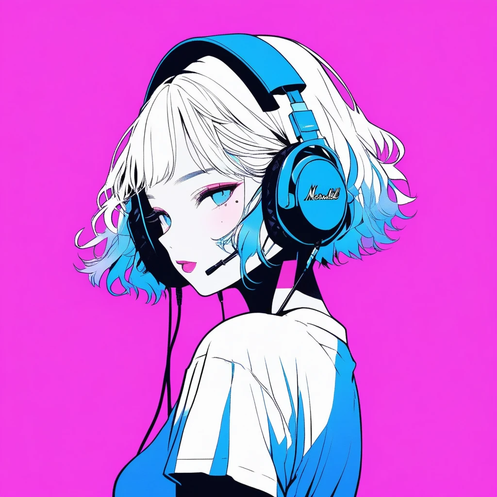 ilustrador, Japanese cartoons , Practical ,sketch , 1 girl, ,Lips, summer,Short sleeve,Order, Blue gradient background, Neon hair,Texture decoration, Canada, (masterpiece,best quality) glycerin,Square-shaped headphones with the Marshall logo,
