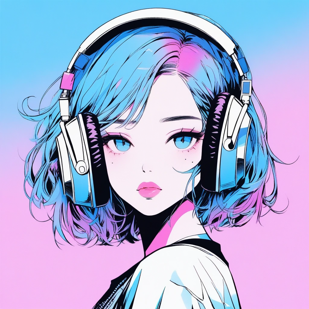 ilustrador, Japanese cartoons , Practical ,sketch , 1 girl, ,Lips, summer,Short sleeve,Order, Blue gradient background, Neon hair,Texture decoration, Canada, (masterpiece,best quality) glycerin,Square-shaped headphones with the Marshall logo,