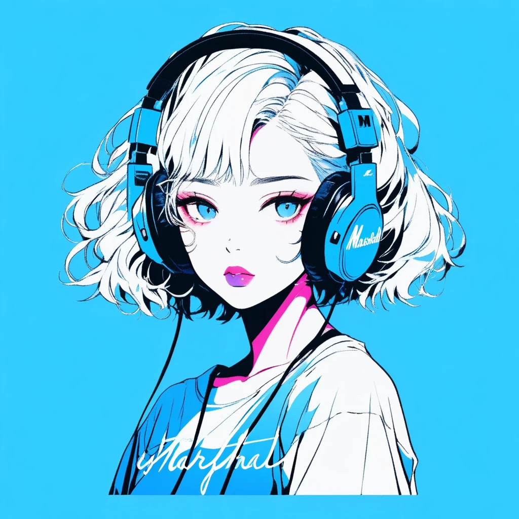 ilustrador, Japanese cartoons , Practical ,sketch , 1 girl, ,Lips, summer,Short sleeve,Order, Blue gradient background, Neon hair,Texture decoration, Canada, (masterpiece,best quality) glycerin,Square-shaped headphones with the Marshall logo,